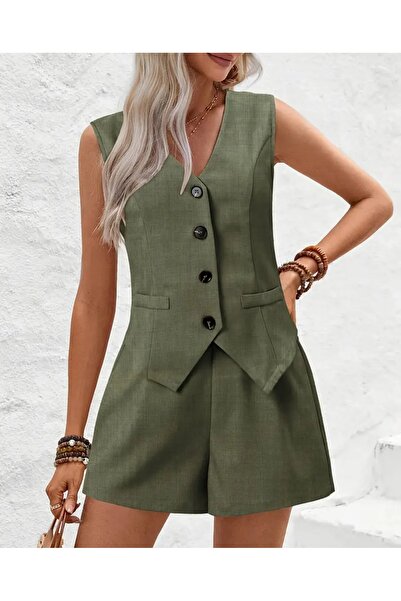 Butik V-Neck Button-Shorts Suit