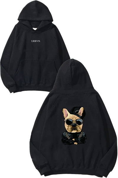 urbvn سويت شيرت بقلنسوة أسود كبير الحجم مطبوع بتصميم البلدغ الفرنسي