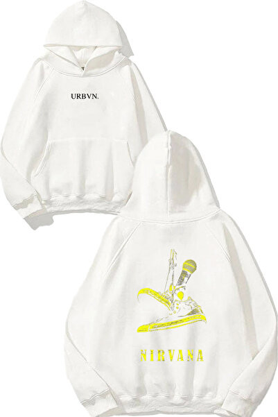 urbvn سويت شيرت أبيض كبير الحجم مطبوع بتصميم أصفر من نيرفانا