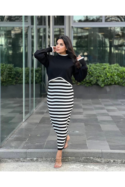 Zerenyus Double Knitwear Clothes Set Black White