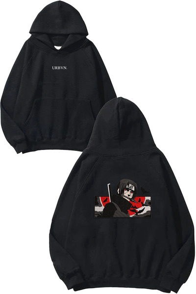 urbvn سويت شيرت بقلنسوة أسود كبير الحجم مطبوع بتصميم أنيمي أحمر