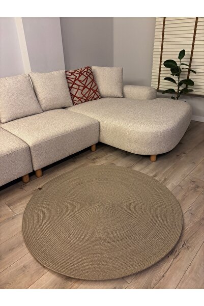 MaVaux Taş Rengi Jüt Yuvarlak Hasır Görünümlü Klasik Halı Kilim