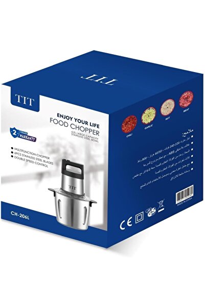 TİT Food Chopper with 6L Bowl, 6 Stainless Steel Blades, 800W Motor