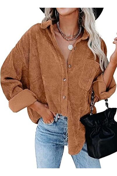 OEM Cămașă lejeră cu mânecă lungă pentru femei, kaki, mărimea L