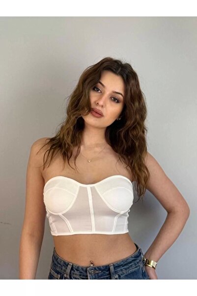 bysoca Kadın Beyaz Straplez Omzu Açık Balenli Korseli Günlük Büstiyer Crop Top