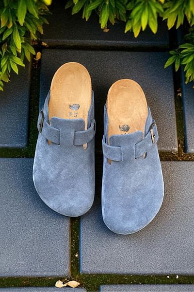 Land of Cork Unisex Denim Blue Suede Leather Closed Anatomical Natural Cork Sole Slippers