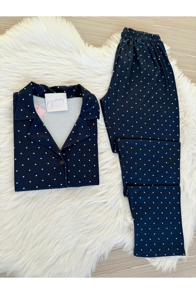 Pijamacs Navy Blue Polka Dot Patterned Long Sleeve Soft Feeling Pajama Set