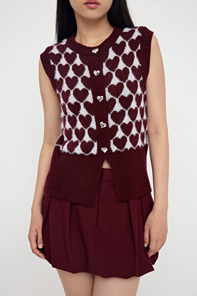 Trendyol Collection Teen Burgundy Beard/Yumosh Yarn Blended Heart Pattern Knitwear Vest Twoaw26Ye00012