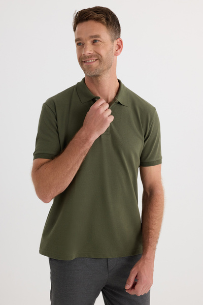 Tudors Tricou pentru bărbați, cu croiala normală, din bumbac, cu textura moale, țesătură rece, piqué simplu, kaki, cu guler polo