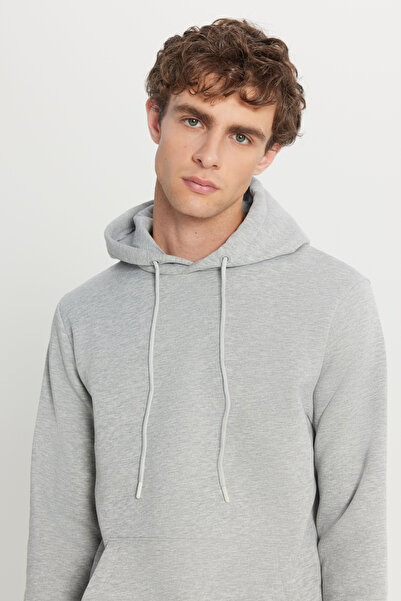 AC&Co / Altınyıldız Classics Erkek Gri Melanj Standart Fit Içi Polarlı 3 Iplik Kapüşonlu Kanguru Cepli Pamuklu Sweatshirt
