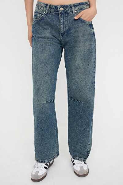 Trendyol Collection Teen Blue Baggy Jeans s vysokým pasem a detailem prošívání TWOAW26JE00102