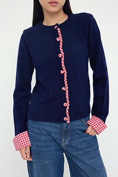 Trendyol Collection Teen Navy Blue Soft Textured Shirt Garnished Knitwear Cardigan Twoaw26Hi00169