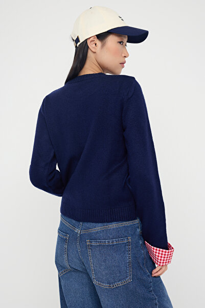Trendyol Collection Teen Navy Blue Soft Textured Shirt Garnished Knitwear Cardigan Twoaw26Hi00169