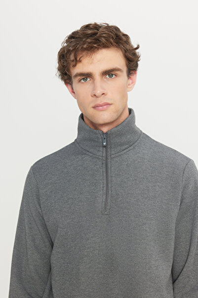 AC&Co / Altınyıldız Classics Erkek Antrasit-melanj Standart Fit Içi Polarlı Fermuarlı Dik Bato Yaka Pamuklu Sweatshirt