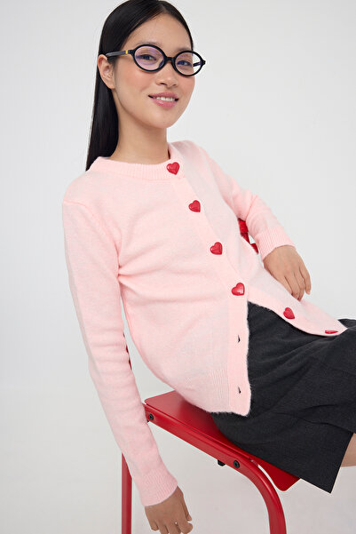Trendyol Collection Teen Pink Soft Textured Heart Button Knitwear Cardigan Twoaw26Hi00174