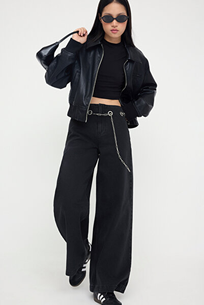 Trendyol Collection Blugi negri pentru adolescenți, cu talie înaltă, cu detal...