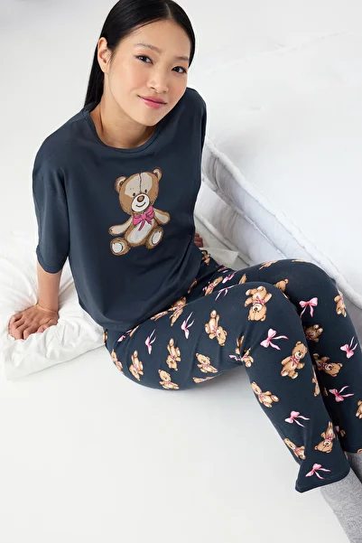 Trendyol Collection Teen Anthracite Cotton Teddy Bear and Ribbon/Bow Printed Lycra Knitted Pajamas Set Thmaw26Pt00076