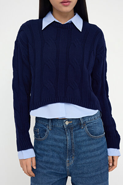 Trendyol Collection Pulover combinat crop pentru adolescenți, albastru marin TWOAW26KZ00047