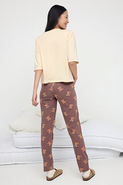 Trendyol Collection Teen Beige-Multicolor Cotton Teddy Bear Printed Lycra Knitted Pajama Set Thmaw26Pt00076