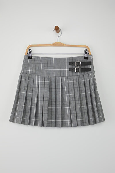 Trendyol Collection Teen Gray Plaid Leather Belt Detailed Skirt Twoaw26Et00038