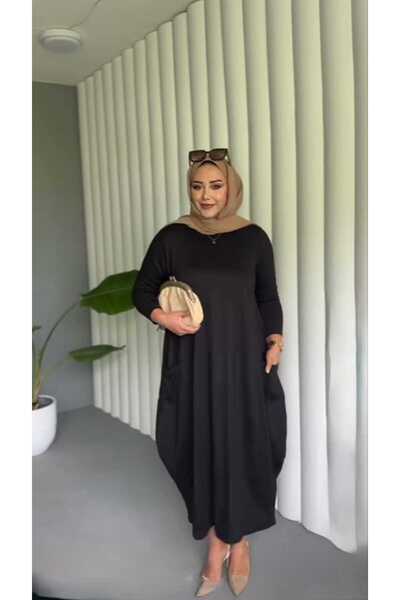 KLEERMAKER Women's Plus Size Cotton Viscose Fabric Long Sleeve Pocket Solid Black Dress