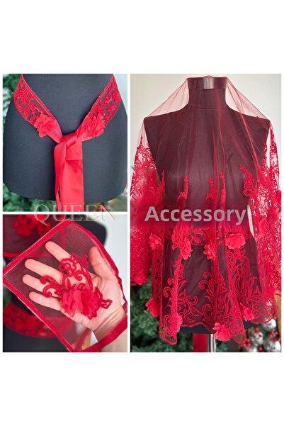 Queen Nelly Catifea otomană - Set de centuri de mireasă roșii cu model floral cu motive argintii