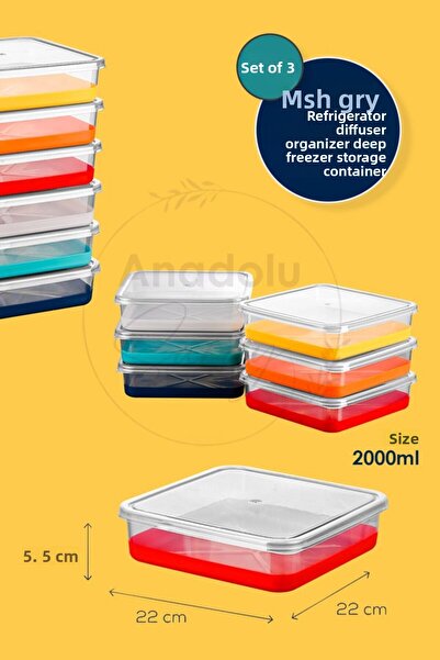 Anadolu Saray 3 Pcs 2000ml Silicone Based Press Release Refrigerator Freeze Deep Freezer Organizer Storage Container