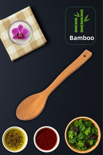 Ülgenev 1 Piece 30 cm Varnished Natural Bamboo Serving Spoon – Large Size, Non-Slip, Ergonomic Wooden Spoon