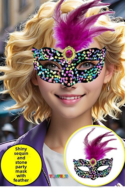 TOYFEST 19x21 cm Black Velvet - Colorful Sequined, Pink Feather and Rhinestones Party Mask