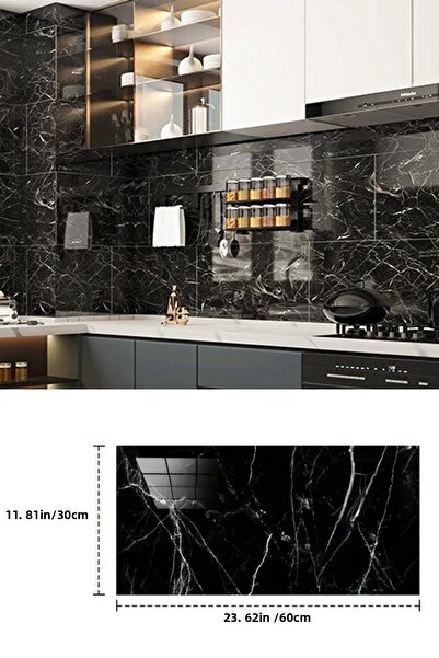 AYACO Autocolant de perete din aluminiu cu model de marmură neagră de 60x30 c...