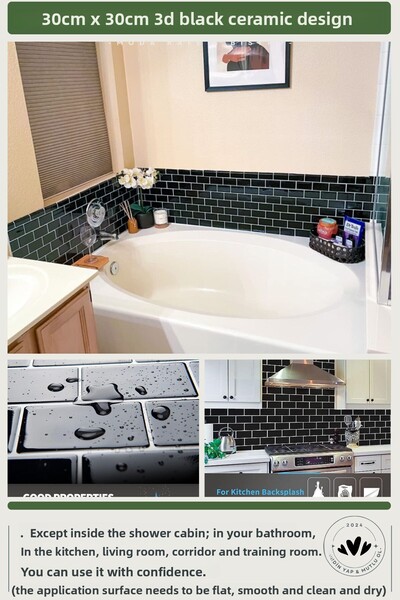 Technojet Self-Adhesive 3D Black Ceramic Look Kitchen Countertop Coating 30cm×30cm Pack of 4