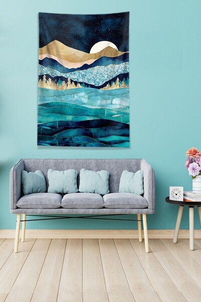 on the clouds Blue Moon Behind the Mountain Stain Resistant Velvet Fabric Wall Cover Wall Tapestry Tapestry