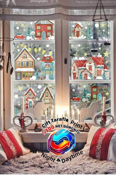 Sticker Ekspres Imprimat pe două fețe Anul Nou Oraș înzăpezit Case înzăpătite...