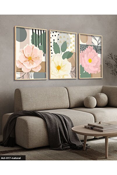 Evinemoda Pink Flower 3 Piece Wooden Framed Painting Act
