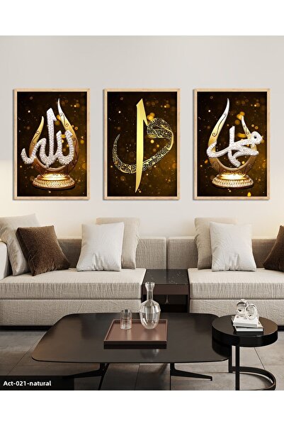 Evinemoda Allah, Muhammad, Elif Vav, Gold, 3 Piece Wooden Framed Painting Act