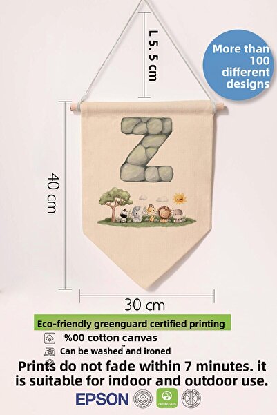 Postifull Kids Room Decor, Wall Ornament, Wooden Baby Room Decor, Canvas Pennant, Safari and Animal Letter Z