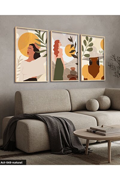 Evinemoda Boho Style Artistic Woman Portrait 3 Piece Painting with Wooden Frame Act