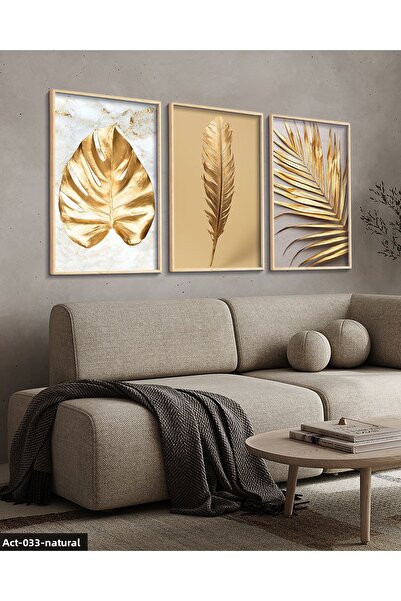 Evinemoda Gold Leaf Feather 3 Piece Wooden Framed Painting Act