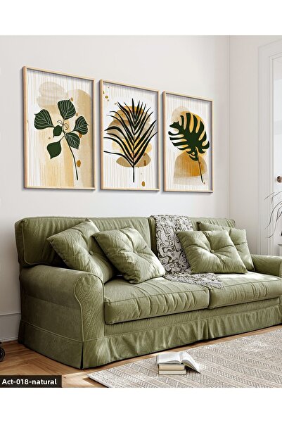 Evinemoda Green Leaf Feather 3 Piece Wooden Framed Painting Act