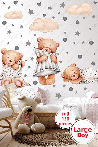 MSticker مجموعة ملصقات لغرفة الأطفال مكونة من 3 قطع على شكل دمية دب نائمة وغيوم ونجوم