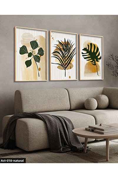 Evinemoda Green Leaf Feather 3 Piece Wooden Framed Painting Act
