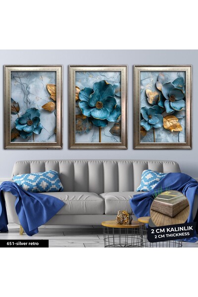 Evinemoda Blue Flower with Gold Leaves 3 Piece Framed Painting Cvplk