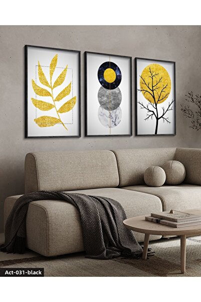Evinemoda Gold Abstract Patterns 3 Piece Black Wood Framed Painting Act