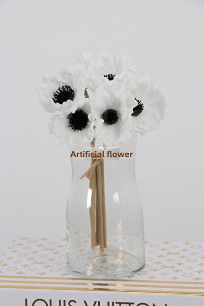 Yapay Çiçek Deposu Изкуствени цветя Луксозен мокър букет от 6 анемони 25 см Бял