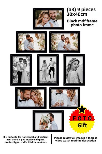Bytwo 9 قطع 30X40 إطار MDF أسود - إطار صور متعدد - إطار A3