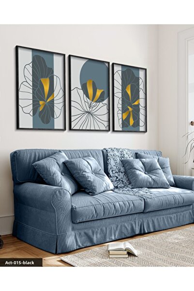 Evinemoda Drawing Flowers 3 Piece Black Wooden Framed Painting Act