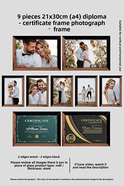 Bytwo 9 قطع إطار 21x30 - إطار Mdf a4 - إطار صورة - إطار دبلوم خشب أسود بلونين