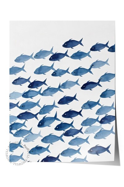 Postifull Frameless Wall Poster, Fish Group, Illustration, Blue Color Poster, 2025 Summer Selection, No:109747