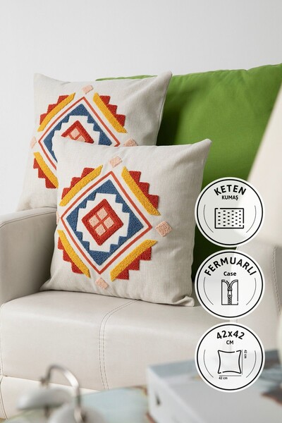 FAVORA غطاء وسادة مطرز من الكتان بتصميم هندسي بلون القرميد - 42x42