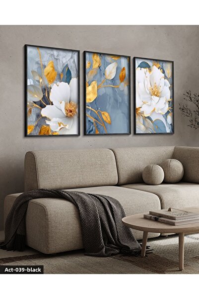 Evinemoda Μπλε Χρώμα Λουλούδια 3 Τεμάχια Μαύρο Ξύλινο Πλαίσιο Πίνακας ACT
